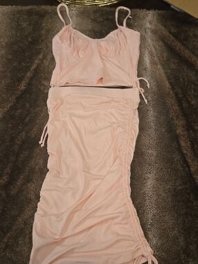 Large Women's Pink Ruched Midi Skirt - Soft Blush SET , Sky To Moon Brand